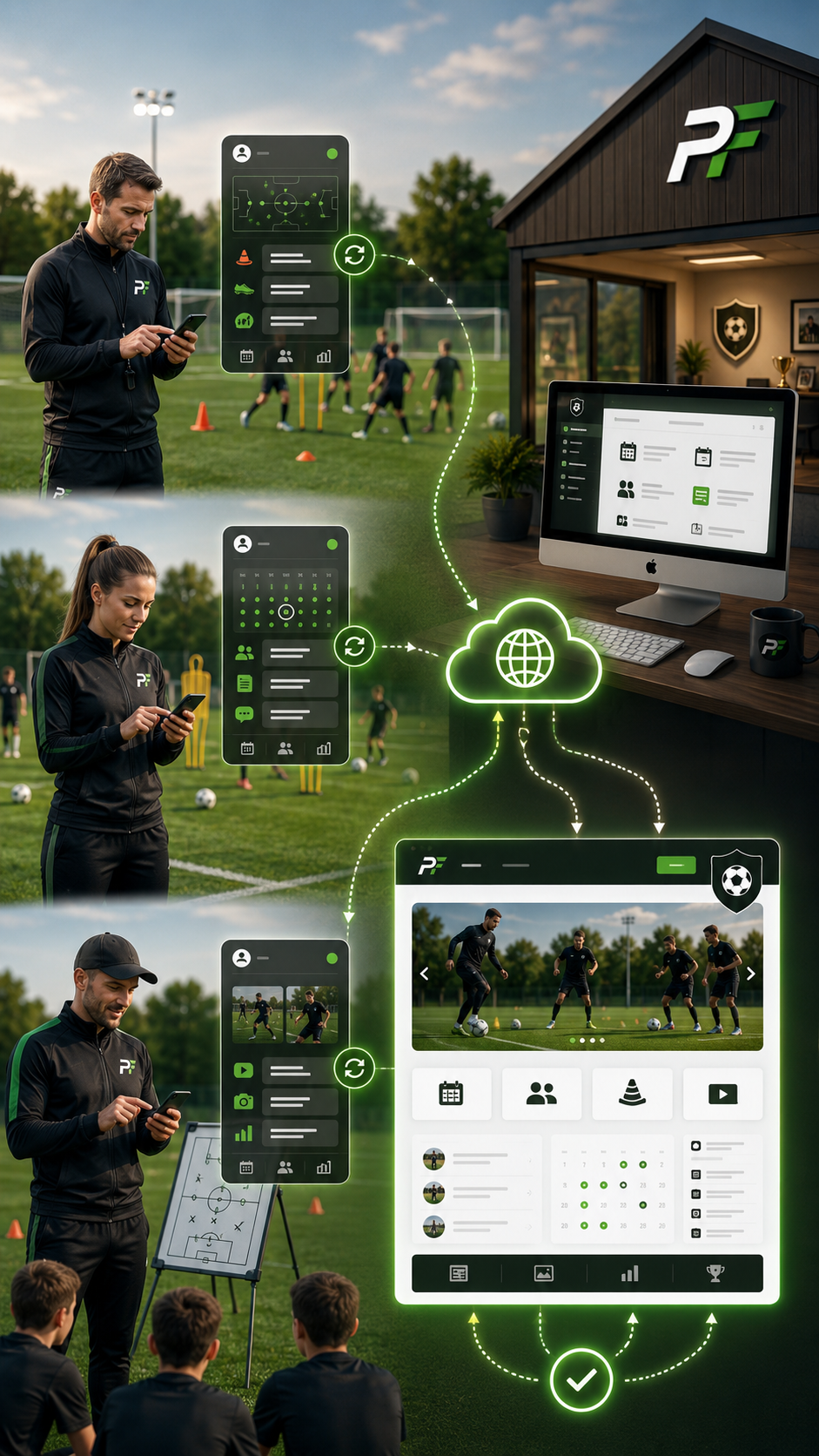 Drei Trainer erfassen Informationen auf dem Trainingsplatz; eine Internetverbindung synchronisiert sie mit dem Vereinsbüro und einem Teams-Modul in der bestehenden Vereinswebsite.